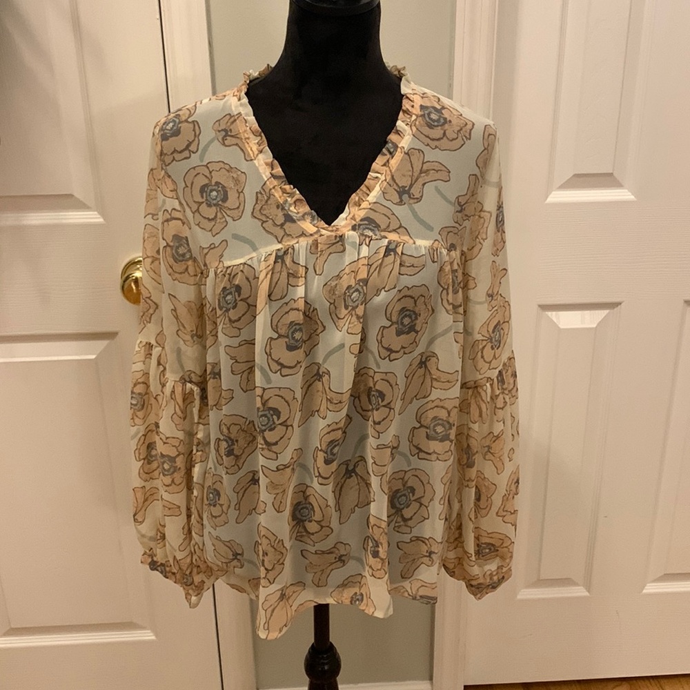Lucky Brand Ruffle V Neck Boho Floral Sheer Blouse- Size L